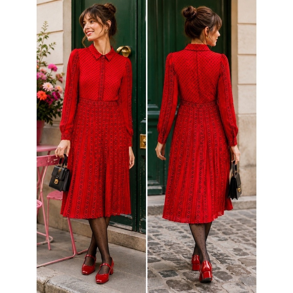 Boden Red Polka Dot Pleated Shirt Dress Long Sleeve Midi US 2R NEW Parisian Chic - Picture 2 of 10